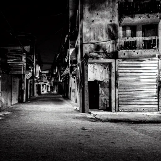 Prompt: A photography of nothingness on the favela street at night after the war between humans and AIs by hasior