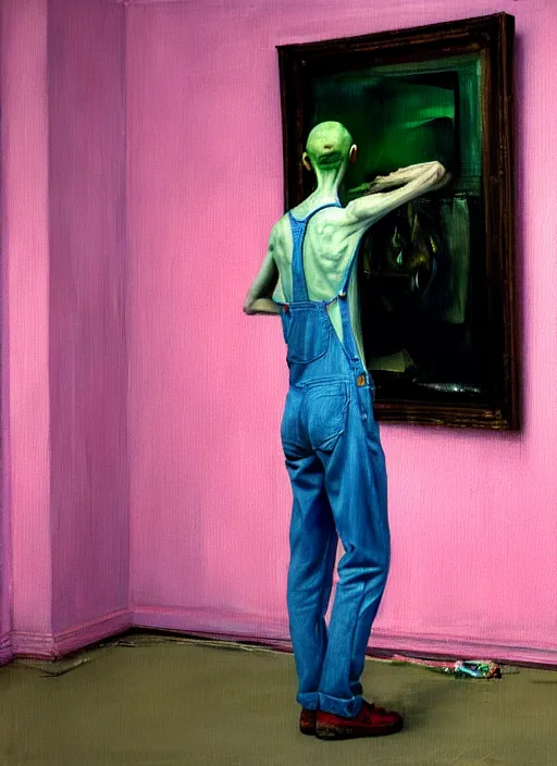 Image similar to an insane, skinny, artist wearing overalls, expressive painting the walls inside a grand messy studio, depth of field, hauntingly surreal, highly detailed painting by francis bacon, edward hopper, adrian ghenie, glenn brown, and james jean, soft light 4 k in pink, green and blue colour palette, cinematic composition,