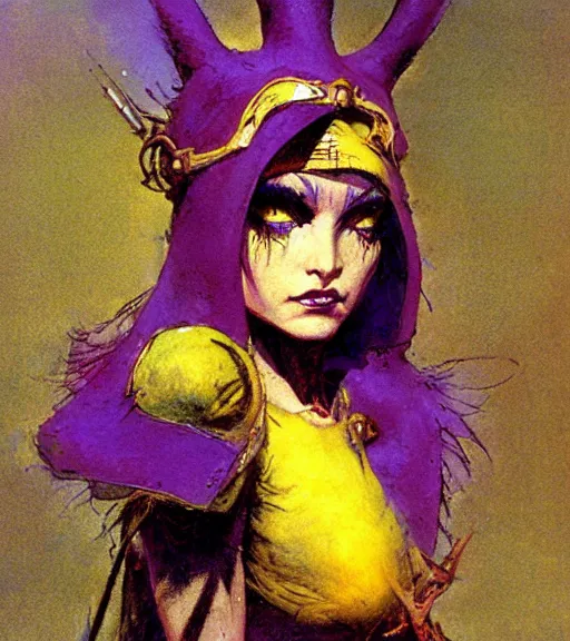 Image similar to evil princess of the wasteland, scrap metal headdress, strong line, vivid neon color, yellow purple, beautiful! coherent! by brian froud, by frank frazetta, low angle