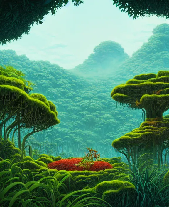 Image similar to simplicity, an simple structure made out of exotic fungus, overgrown with lush floral jungle, partly cloudy, hellscape, hell, fire, brimstone, lava, by dan mumford, yusuke murata, makoto shinkai, ross tran, cinematic, unreal engine, cel shaded, featured on artstation, pixiv