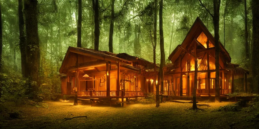 Prompt: an exquisite wooden house in a lush forest, architectural photography, dark and dim lighting, beautiful, tranquil, moody, cinematic, fantasy, 3 5 mm lens, volumetric lighting, first person view, photographic render, hyper realistic