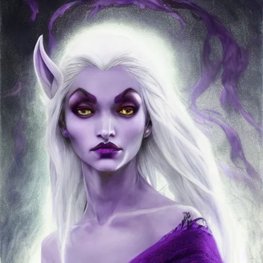 Image similar to head and shoulders portrait of a beautiful female drow elf warlock, purple skin, white hair, violet magic, royo, klimt, miro, vallejo, frazetta, alphonse mucha, greg rutkowski, whealan