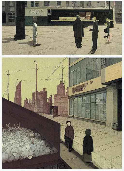 Image similar to illustration of a 2 0 8 0 desolate society scene by shaun tan, clean, emptyness, torn paper decollage, graphic novel, oil on canvas by edward hopper, ( by mattias adolfsson ), by moebius