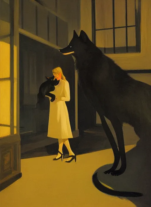 Prompt: woman with a black wolf on the night street by Edward Hopper and James Gilleard, highly detailed