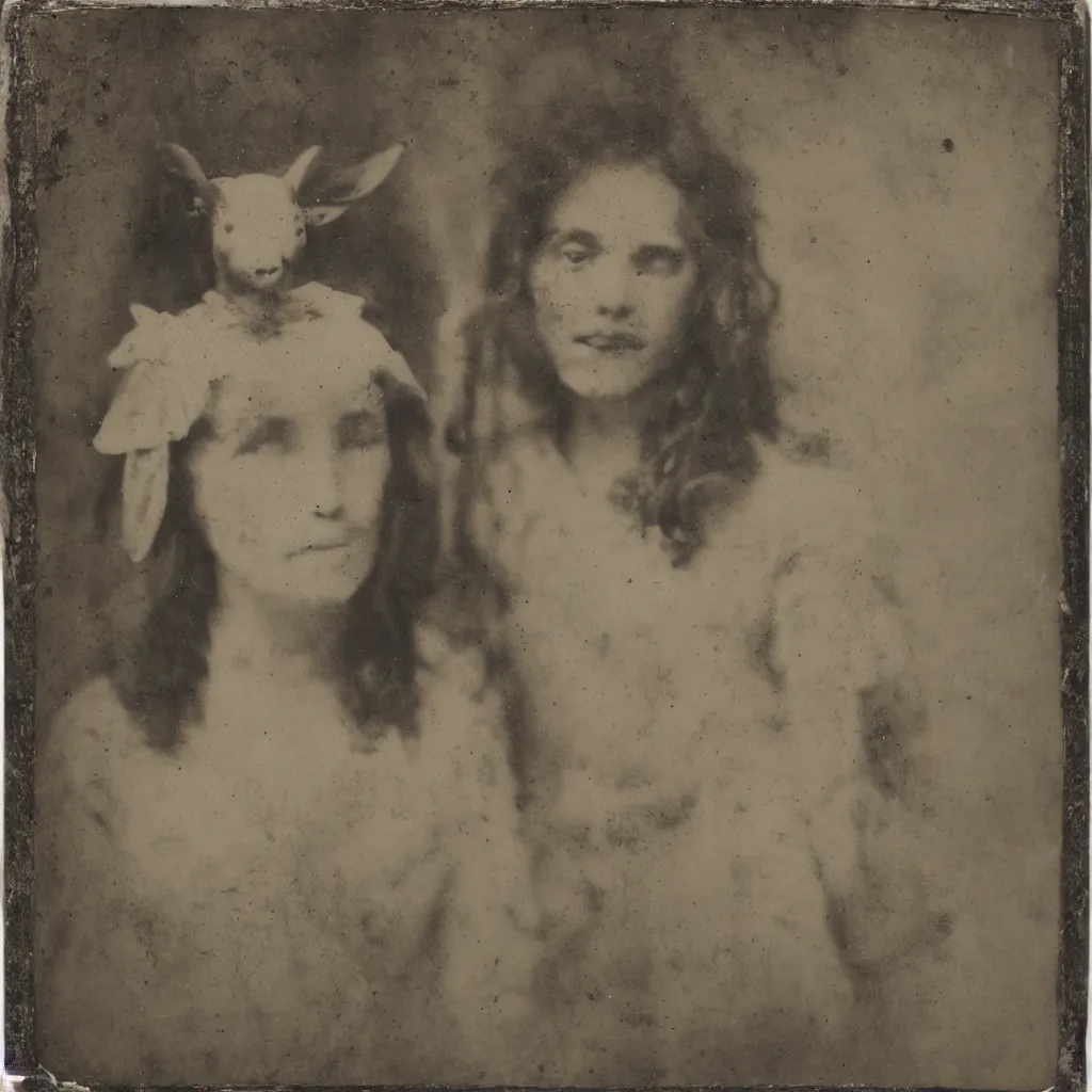 Image similar to tintype of a girl with a goat mask