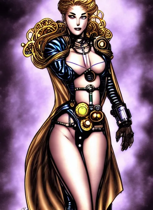 Prompt: image of beautyful female android steampunk by jim lee,