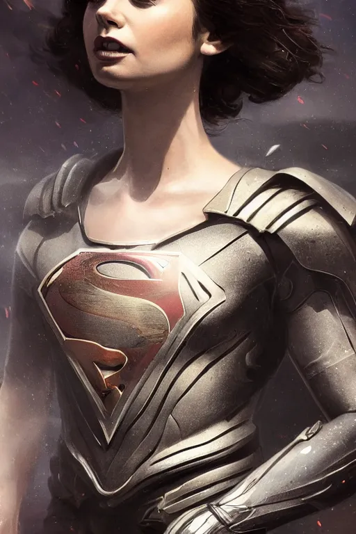 Image similar to a fancy close up of Lily Collins as Man of Steel full body armor by Greg Rutkowski, Sung Choi, Mitchell Mohrhauser, Maciej Kuciara, Johnson Ting, Maxim Verehin, Peter Konig, 8k photorealistic, cinematic lighting, HD, high details, dramatic, trending on artstation, full body shot