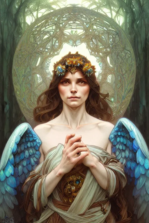 Image similar to portrait of an antropomorthic earth angel, forest spirit, D&D, blue eyes, face, fantasy, intricate, elegant, highly detailed, digital painting, artstation, concept art, smooth, sharp focus, illustration, art by artgerm and greg rutkowski and alphonse mucha