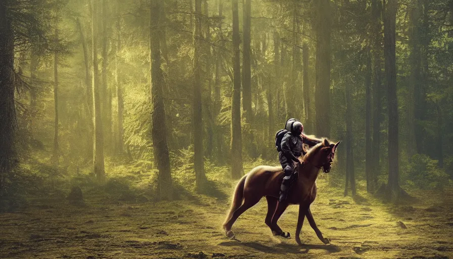 Prompt: american astronaut in the forest riding a horse, plants environment, wide angle, cinematic lighting, atmospheric, realistic, octane render, highly detailed, color graded, in the style of craig mullins