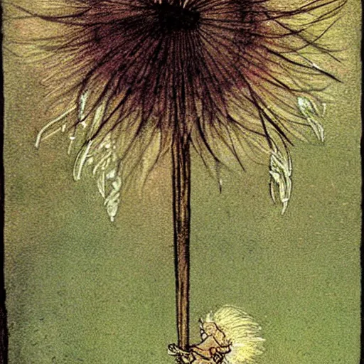 Image similar to a beautiful fairytale painting of a dandelion seed that is also a fluffy fairy. the dandelion seed is the body of the fairy. beautiful clear painting by arthur rackham