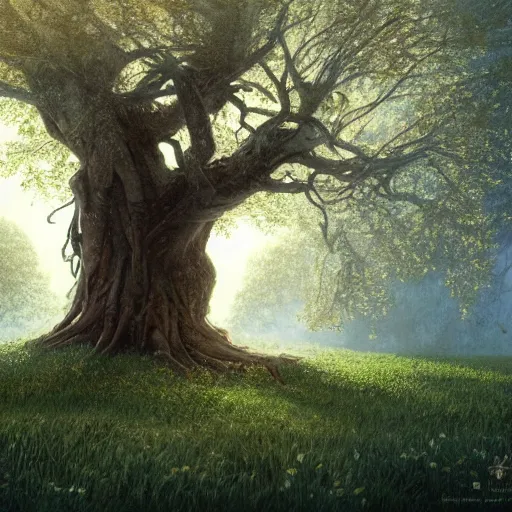 Image similar to a big tree in a meadow with white leaves and some leaves falling retro digital painting, artstation, concept art, soft light, hdri, smooth, sharp focus, illustration, fantasy, intricate, elegant, highly detailed, D&D, matte painting, in the style of Greg Rutkowski and Alphonse Mucha and artemisia, 8k, highly detailed, jurgens, rutkowski, bouguereau, pastoral, rustic, georgic