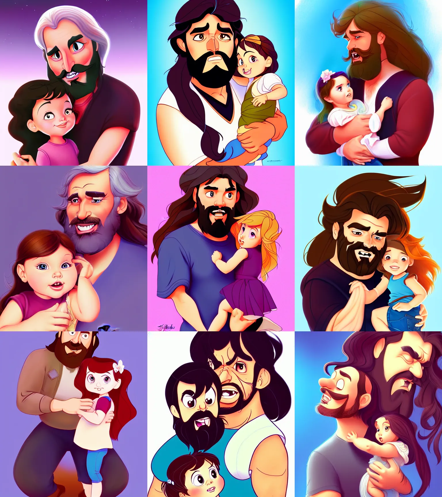 Image similar to a long - haired bearded father and his child toddler girl full color digital illustration in the style of don bluth, artgerm, artstation trending, 4 k