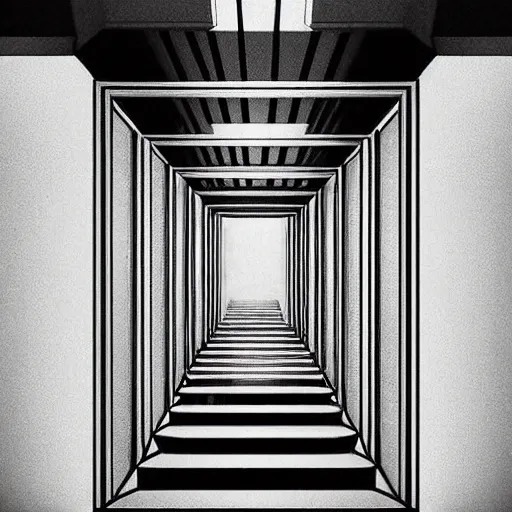 Prompt: “a disorienting white hallway and stairwell with many doors, confusing, creepy, eerie, doors, stairs, dimensions, MC Escher architecture, anime style, detailed background”