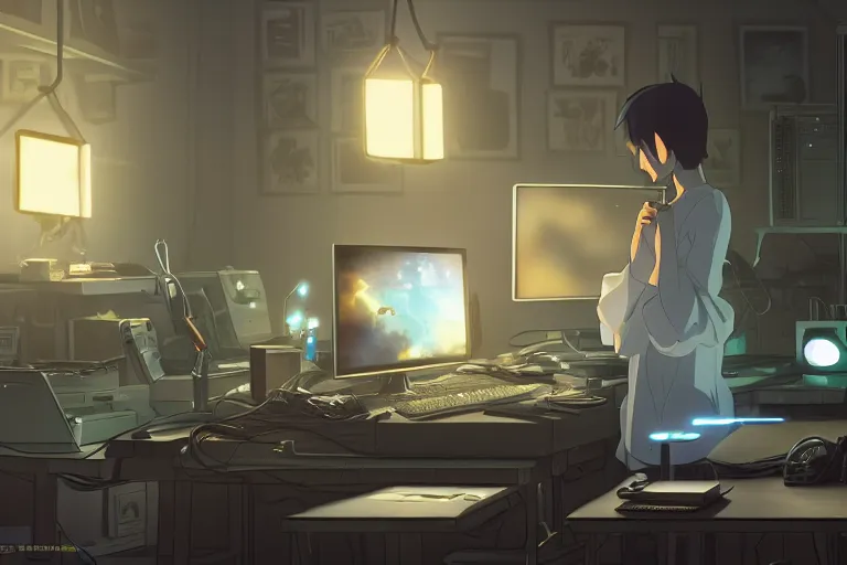 Image similar to a nerdy caracal is programming at a computer in a room full of gadgets, by makoto shinkai and ghibli studio, dramatic lighting, highly detailed, incredible quality, trending on artstation