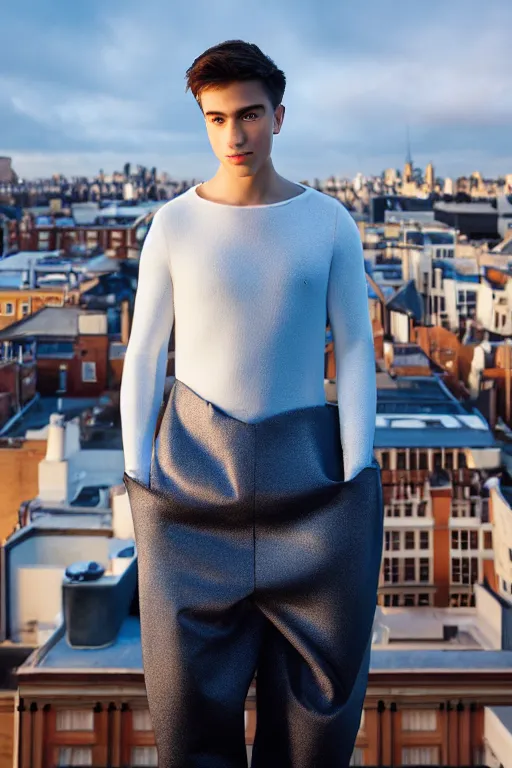 Image similar to un ultra high definition studio quality photographic art portrait of a young man standing on the rooftop of a british apartment building wearing soft padded silver pearlescent clothing. three point light. extremely detailed. golden ratio, ray tracing, volumetric light, shallow depth of field. set dressed.