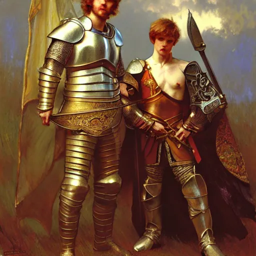 Image similar to attractive arthur pendragon and his attractive male knight, they are in love, natural lighting, path traced, highly detailed, high quality, digital painting, by gaston bussiere, craig mullins, alphonse mucha j. c. leyendecker