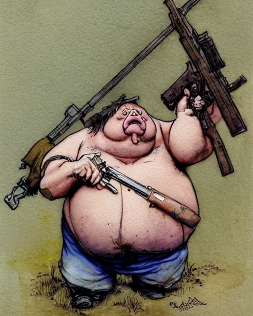 Image similar to a realistic and atmospheric watercolour fantasy character concept art portrait of a fat adorable dirty chibi pig wearing a wife beater and holding a rifle, by rebecca guay, michael kaluta, charles vess and jean moebius giraud