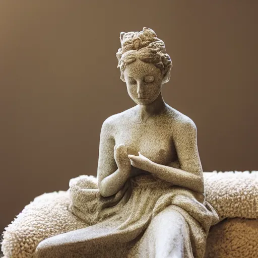 Prompt: a stone statue of a lady on her phone sitting on a bed, 5 0 mm lens, f 1. 4, sharp focus, ethereal, emotionally evoking, head in focus, volumetric lighting, 8 k