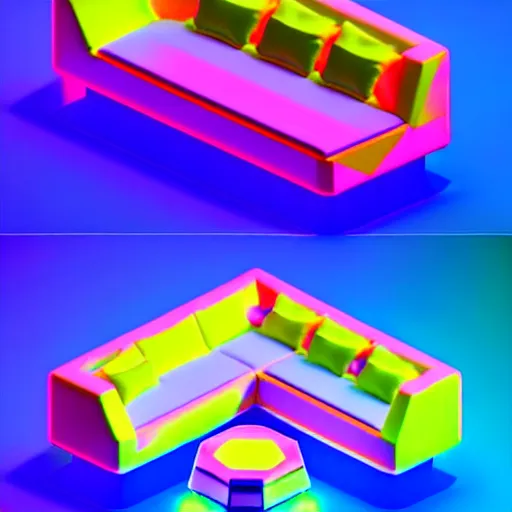 Image similar to isometric object is a low poly isometric sofa with alien aesthetic inspired by pandora in the avatar movie, it has bioluminescent plants growing on top of it, beautiful neon orange - yellow with blue hints and it's bedecked with some sparkling crystals all over the place. black background, night isometric artstation neon. behance, pinterest