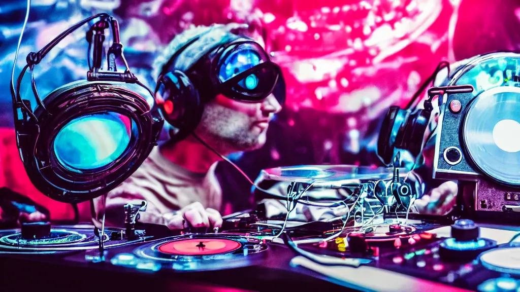 Image similar to a person wearing goggles and visor and headphones using a retro clockwork record player contraption, wires and tubes, turntablism dj scratching, intricate planetary gears, cinematic, imax, sharp focus, leds, bokeh, iridescent, black light, fog machine, hazy, lasers, hyper color digital art