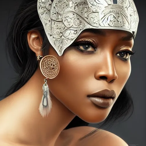 Image similar to an attractive young tattooed female with piercings wearing an white ornate metallic helmet, naomi campbell, olive skin, long dark hair, beautiful bone structure, intricate, elegant, highly detailed, digital painting, artstation, concept art, smooth, sharp focus, illustration, art by artgerm and greg rutkowski and alphonse mucha