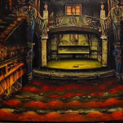 Prompt: high quality, high detail painting, dutch masterpiece, fluxus, film noir, ernst haekl, empty theater stage in las pozas with quetzalcoatl at night, hd, muted lighting