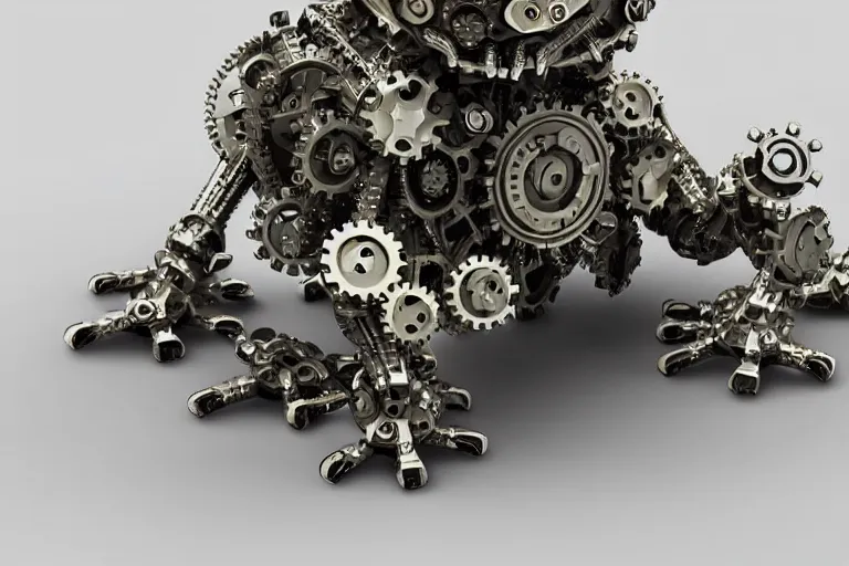 Prompt: cyberpunk frog made of cogs and gears, futuristic robot frog, professional close - up, intricate detail, 4 k hd render, ultra realistic