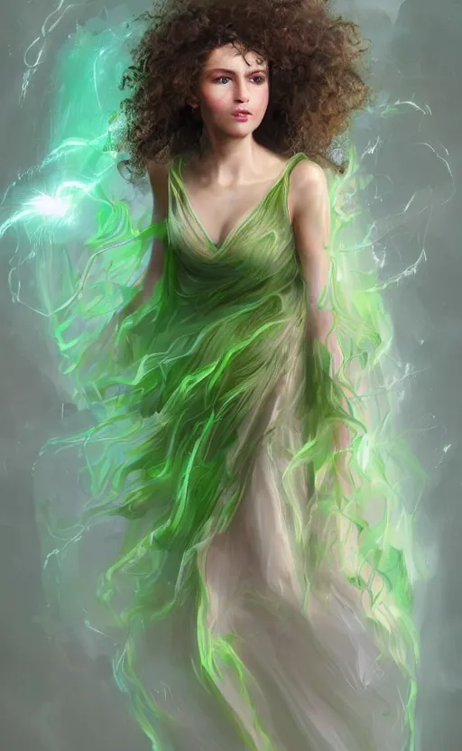 Image similar to a young woman with wild, curly hair and bright green eyes. she's wearing a flowing dress made of light, airy fabric and she has a mischievous look on her face, dynamic lighting, photorealistic fantasy concept art, trending on art station, stunning visuals, creative, cinematic, ultra detailed