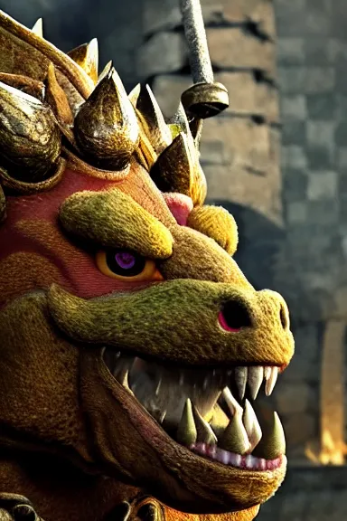 Image similar to very very intricate photorealistic photo of bowser in an episode of game of thrones, photo is in focus with detailed atmospheric lighting, award - winning details