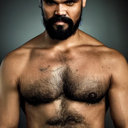 Image similar to portrait of khal drogo from games of thrones, mascular, broad shoulder, tattooed body, six packs, symmetrical, nikon 3 5 mm photography, ultrarealistic