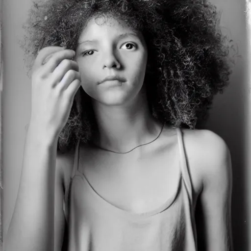 Prompt: polaroid picture, beautiful light - skinned teenage girl, symmetrical face, curly hair, afro, full shot, artistic, black and white, eerie, francesca woodman style