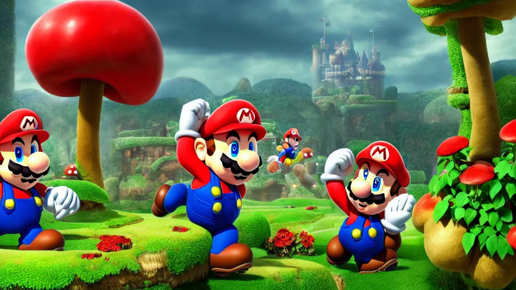 Image similar to mario stomping a goomba in the mushroom kingdom near the castle, exotic flora, giant roses, thousands of flowers, fantasy artwork, very very very beautiful scenery, hd, hdr, ue 5, ue 6, unreal engine 5, cinematic 4 k wallpaper, 8 k, ultra detailed, high resolution, artstation, award winning