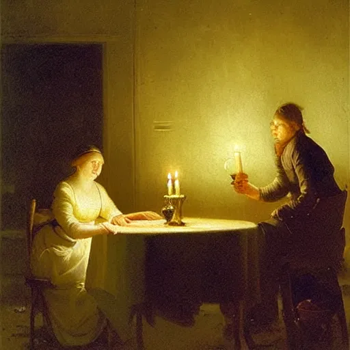 Prompt: Stunning Painting of an evocative candlelit night scene by genius Dutch Romantic painter Petrus van Schendel (1806-1870)