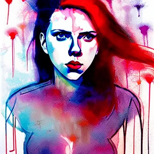 Prompt: phil noto, pretty scarlett johansson black widow, symmetrical eyes, long red hair, full body, city rooftop by agnes cecile, very luminous design, pastel colours, ink drips, autumn lights