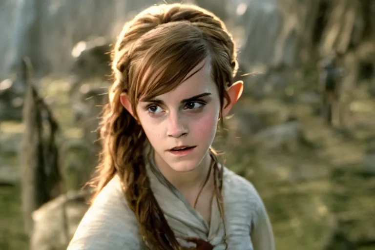 Image similar to emma watson plays an elf in the lord of the rings return of the king, highly detailed, cinematic lighting, 4 k, arricam studio 3 5 mm film camera, kodak 5 2 7 9 ( tungsten - balanced ) film stock