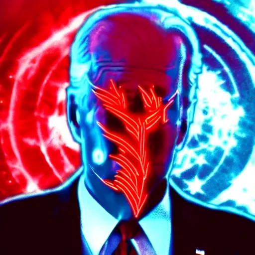 Prompt: god emperor joe biden shooting red lasers out of his eyes. fantasy art. vhs filter effect. film grain. dark.