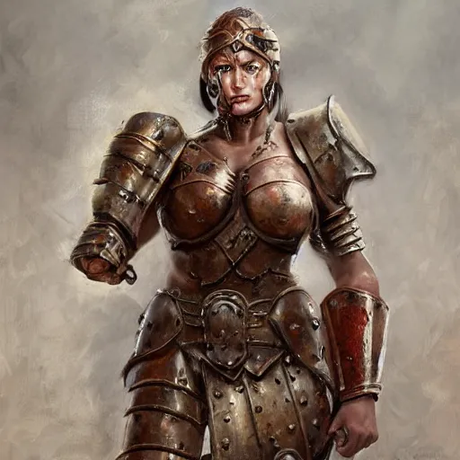 Prompt: muscular woman warrior wearing rusty medieval armor, covered in realistic armor, old rusty metal, digital art, expressive oil painting, trending on artstation