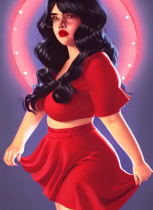 Image similar to full body portrait of teenage veronica lodge, obese, bangs, sultry, realistic, sultry smirk, wavy hair, red skirt, fat, belly, intricate, elegant, glowing lights, highly detailed, digital painting, artstation, concept art, smooth, sharp focus, illustration, art by wlop, mars ravelo and greg rutkowski