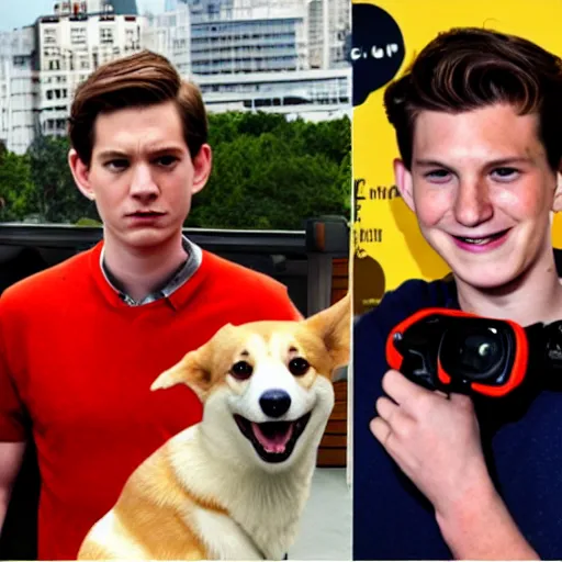 Image similar to Tobey Maguire, Andrew Garfield, and Tom Holland as corgis