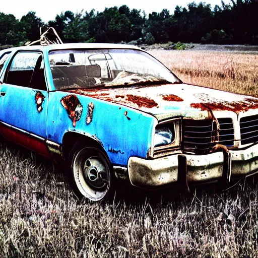 Image similar to A photograph of a rusty, worn out, broken down, decrepit, run down, dingy, faded, chipped paint, tattered, beater 1976 Denim Blue Dodge Aspen in a farm field, photo taken in 1989