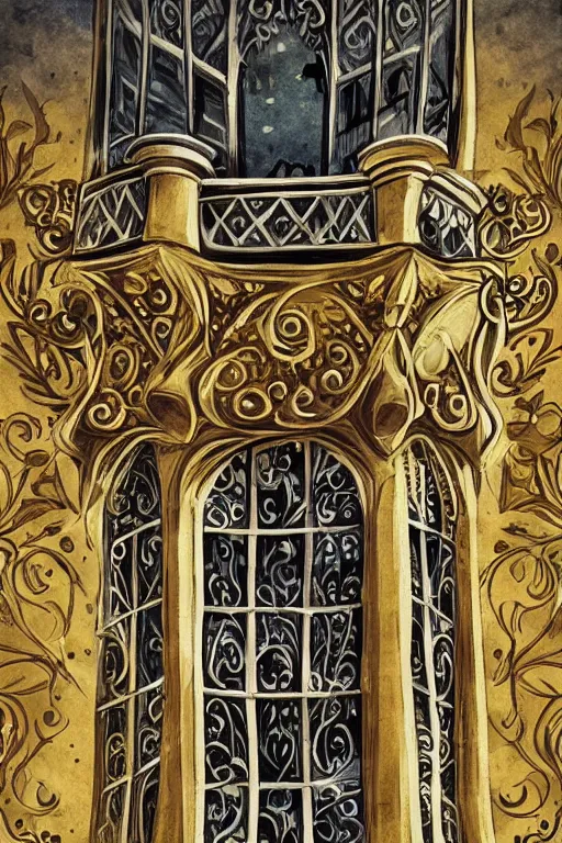 Image similar to ancient silver tower of the moon, fairytale illustration, elaborate carved wood balconies, tall windows, formal gardens, dramatic cinematic lighting, beautiful moths, soft colors, golden age illustration