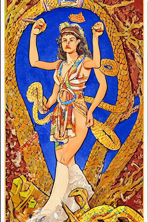 Image similar to Minoan snake goddess in the style of rosie the riviter yes we can poster, clean and detailed, and holding a snake