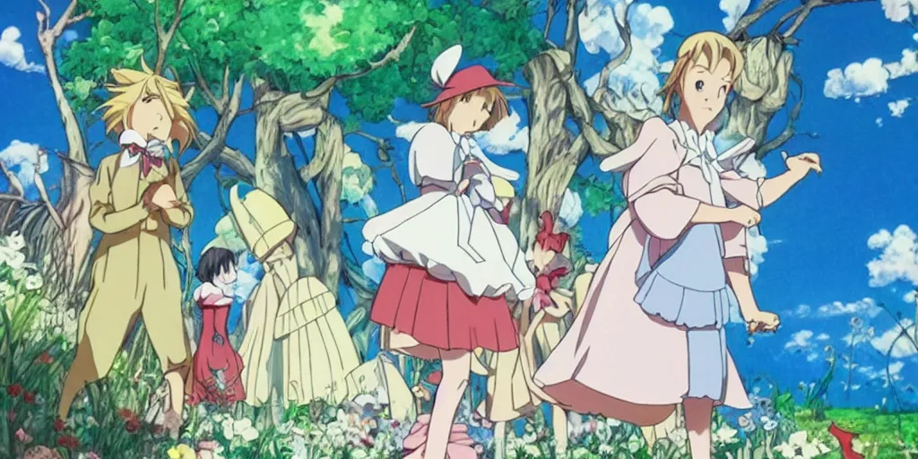 Prompt: alice in wonderland anime made by hayao miyazaki, dreamy, bright, colorful