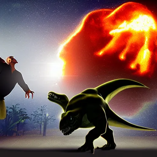 Image similar to a man punching a tyrannosaurus rex causing a nuclear explosion, 3 d, dynamic lighting, vivid imagery