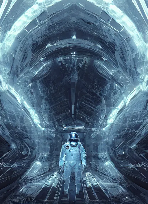 Image similar to symmetry concept art by craig mullins astronaut in futuristic dark and empty spaceship underwater. infrared glowing lights. complex and hyperdetailed technical suit. mandelbulb fractal. reflection and dispersion materials. rays and dispersion of light. volumetric light. 5 0 mm, f / 3 2. noise film photo. flash photography. unreal engine 4, octane render. interstellar movie art