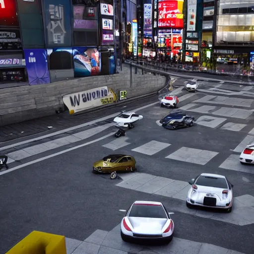 Image similar to A Jdm car drifting in shibuya streets, Hd, PhotoReal, Japanese, Moving