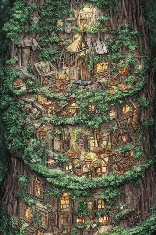 Image similar to a miniature city built into the trunk of a single colossal tree in the forest, with tiny people, in the style of anton pieck, lit windows, close - up, low angle, wide angle, awe - inspiring, highly detailed digital art