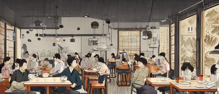 Image similar to a beautiful interior view illustration of a small roasted string hotpot restaurant in yan'an city, restaurant wall paper is a tower on a mountain, rectangle white porcelain table, people are eating, black chair, animation illustrative style, from china, simple style structure decoration design, victo ngai, james jean, 4 k hd