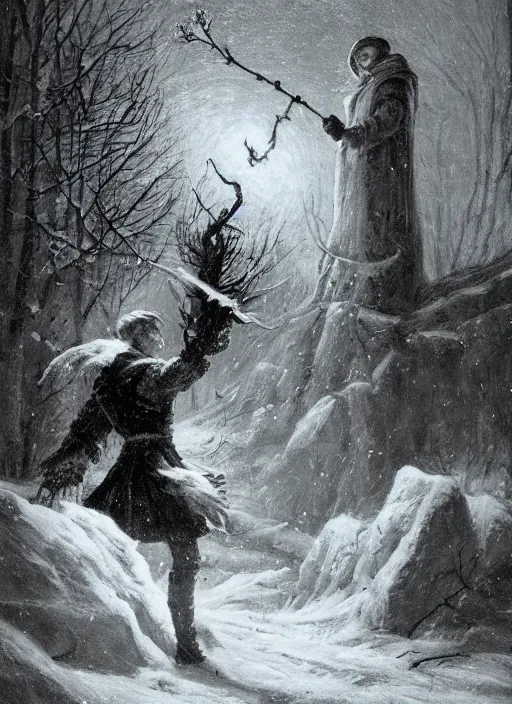 Image similar to a mage casting a frost spell by frederick morgan