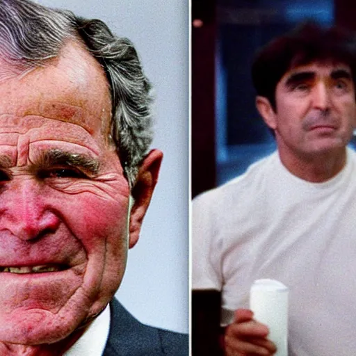 Image similar to ! dream still of george bush as tony montana sniffing tiny inmigrants